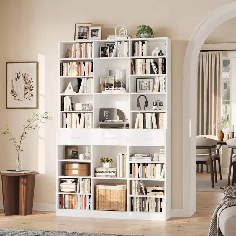Grande bibliothèque Garvee 75 avec tiroirs, grande étagère rustique en bois de 47 pouces de large à 9 niveaux avec étagères réglables pour salon