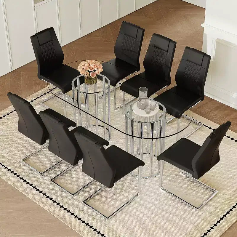 GDFStudio Arvion 8-Person Glass and Metal Dining Set with Faux Leather Upholstered Chairs