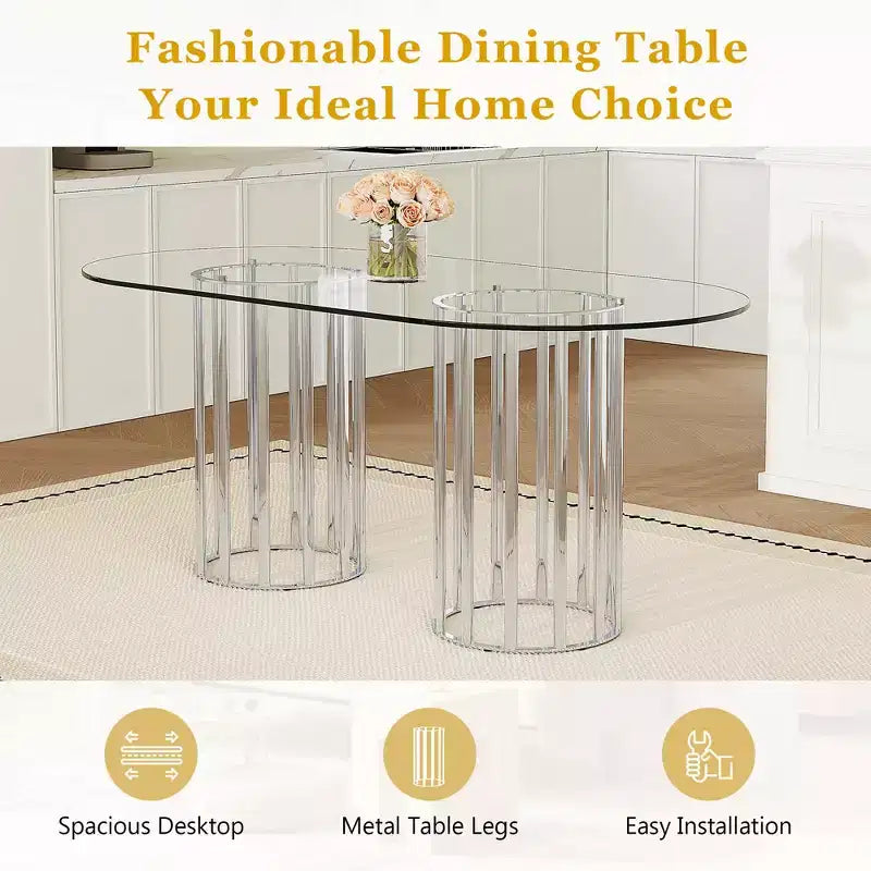 GDFStudio Arvion 8-Person Glass and Metal Dining Set with Faux Leather Upholstered Chairs