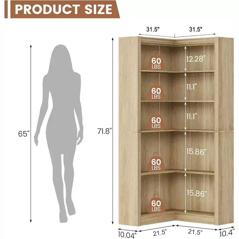 GustoWave 5-Tier Corner Bookshelf, 71.8-In L-Shaped Bookcase With Anti-Tip Kit For Living Room Or Home Office