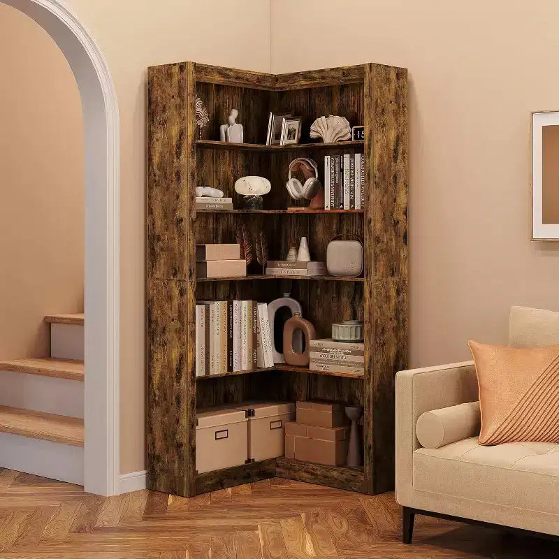 Étagère d'angle 5 niveaux GustoWave, bibliothèque en forme de L de 182 cm avec kit anti-basculement pour salon ou bureau à domicile