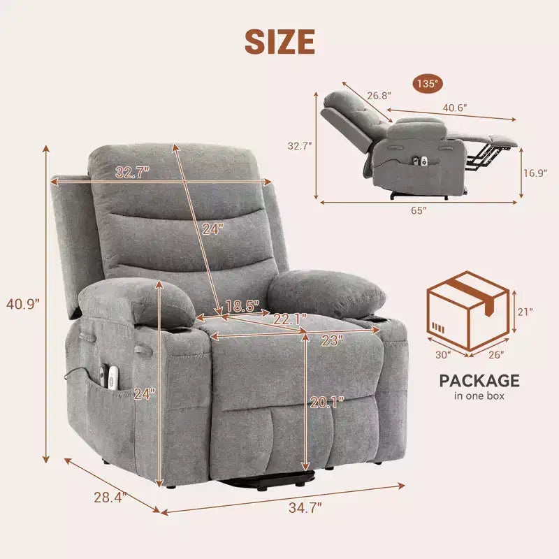 Oversized Power Lift Recliner Chair for Elderly - Electric Heat, Massage & Stand Assist - 135 Reclining - Cup Holders, Side Pocket Grey Fabric