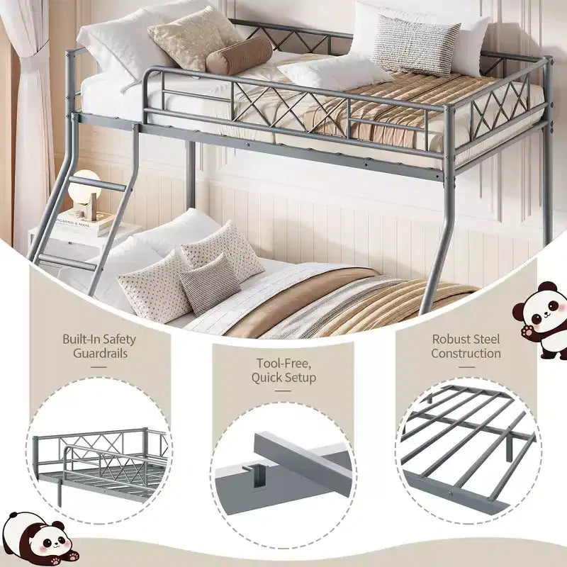 Metal Twin Over Full Bunk Bed for Adults & Teens, Low Profile Bunk Bed with Safety Guardrail and Ladder, No Box Spring Needed, Space-Saving