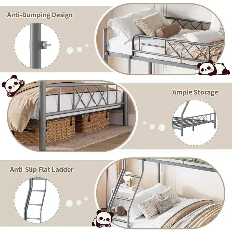 Metal Twin Over Full Bunk Bed for Adults & Teens, Low Profile Bunk Bed with Safety Guardrail and Ladder, No Box Spring Needed, Space-Saving