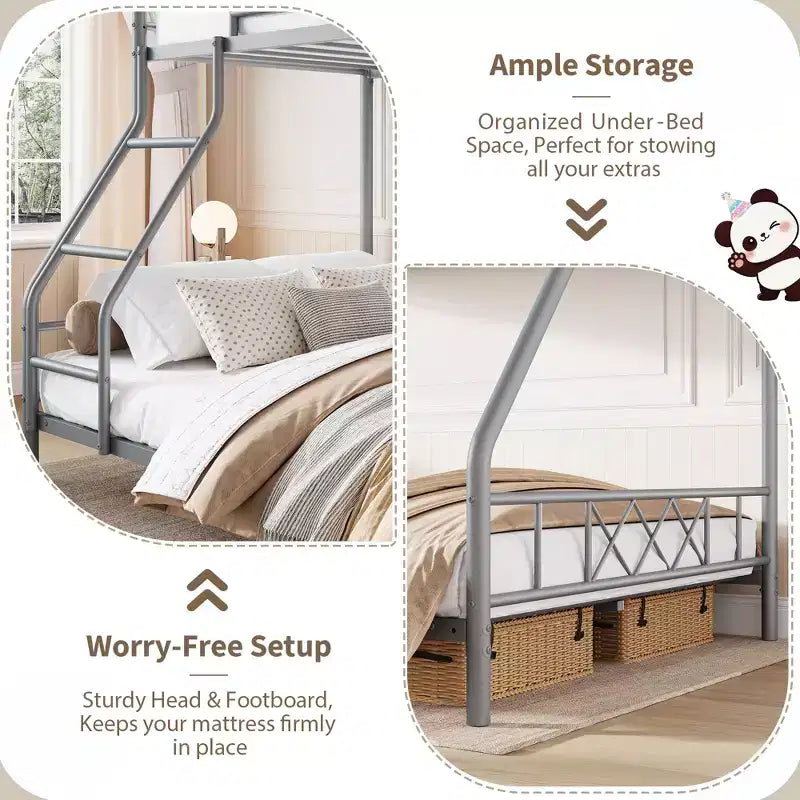 Metal Twin Over Full Bunk Bed for Adults & Teens, Low Profile Bunk Bed with Safety Guardrail and Ladder, No Box Spring Needed, Space-Saving