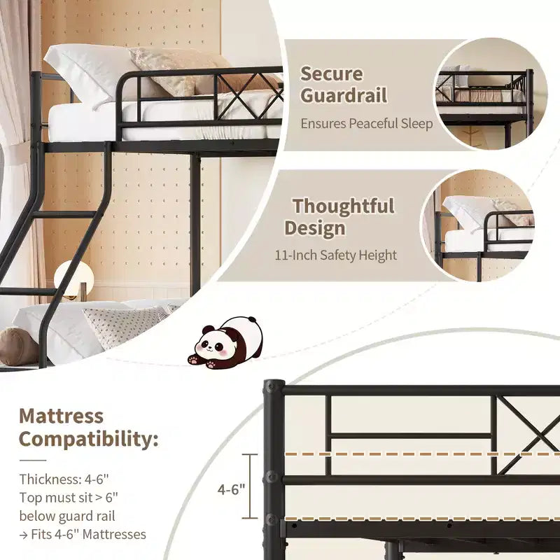 Metal Twin Over Full Bunk Bed for Adults & Teens, Low Profile Bunk Bed with Safety Guardrail and Ladder, No Box Spring Needed, Space-Saving