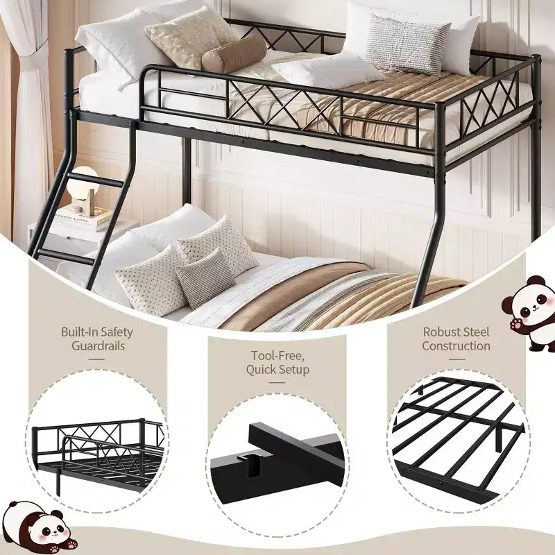 Metal Twin Over Full Bunk Bed for Adults & Teens, Low Profile Bunk Bed with Safety Guardrail and Ladder, No Box Spring Needed, Space-Saving