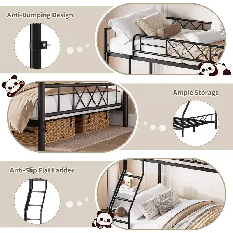 Metal Twin Over Full Bunk Bed for Adults & Teens, Low Profile Bunk Bed with Safety Guardrail and Ladder, No Box Spring Needed, Space-Saving