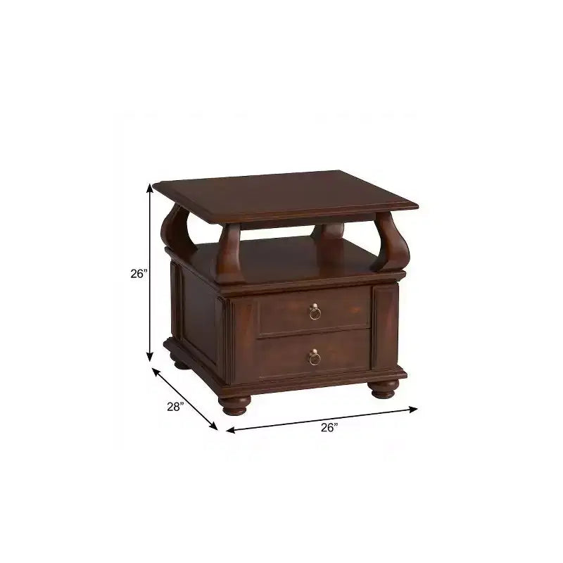 HomeRoots 26 Brown Solid Wood Square End Table With Two Drawers And Shelf