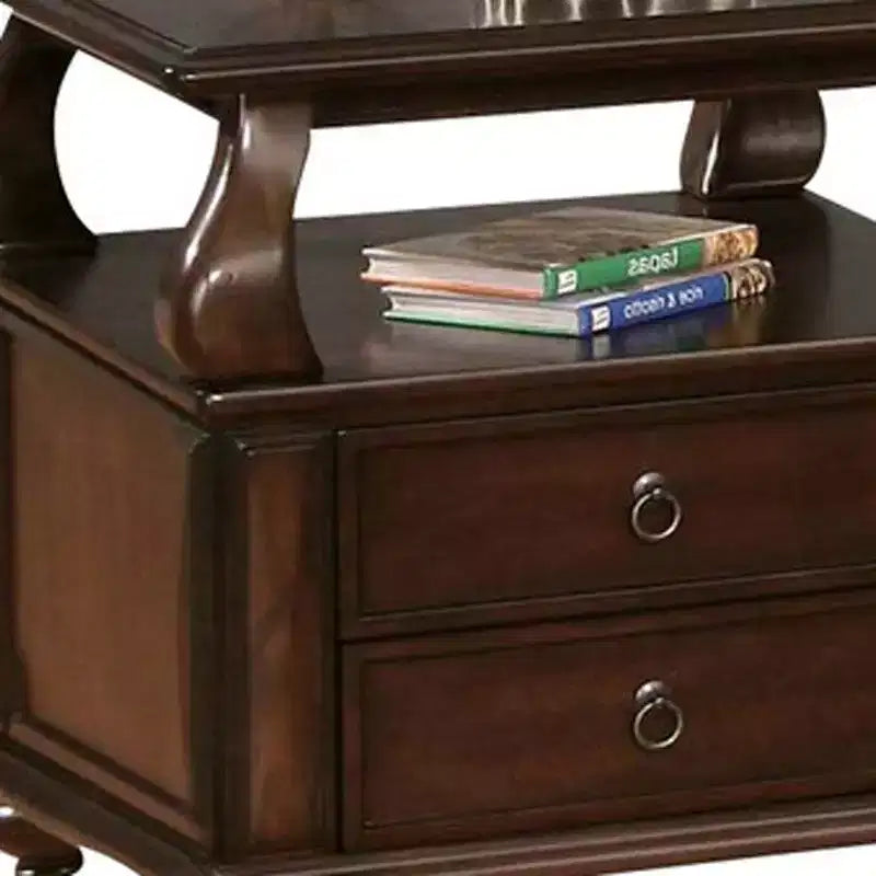 HomeRoots 26 Brown Solid Wood Square End Table With Two Drawers And Shelf