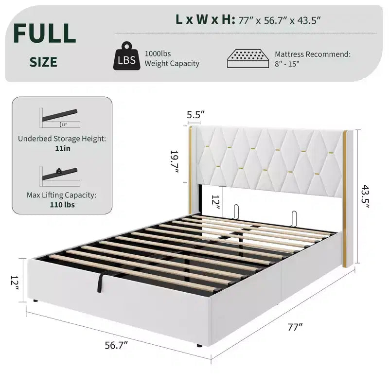 Storage Bed with Wingback Headboard, Modern Upholstered Bed Frame, Strong Wood Slats, No Box Spring Needed, Easy Assembly
