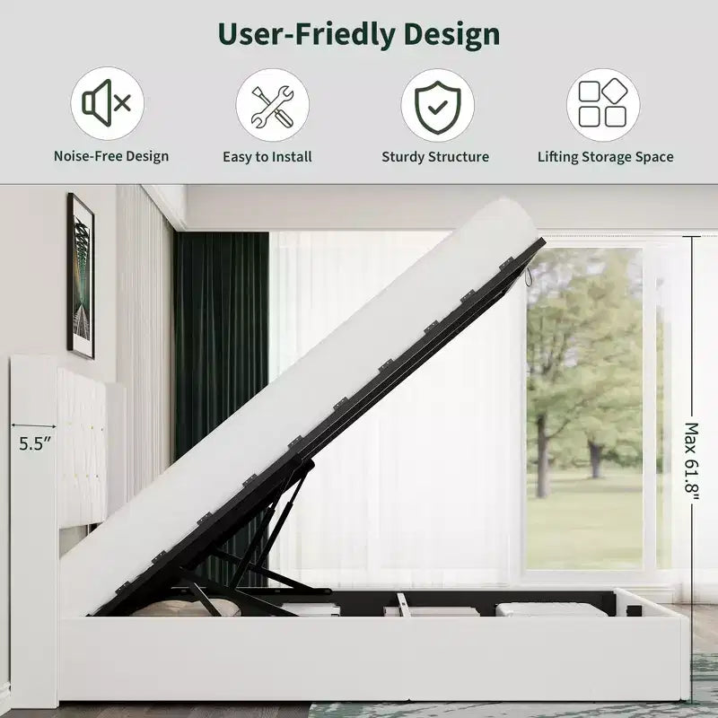 Storage Bed with Wingback Headboard, Modern Upholstered Bed Frame, Strong Wood Slats, No Box Spring Needed, Easy Assembly