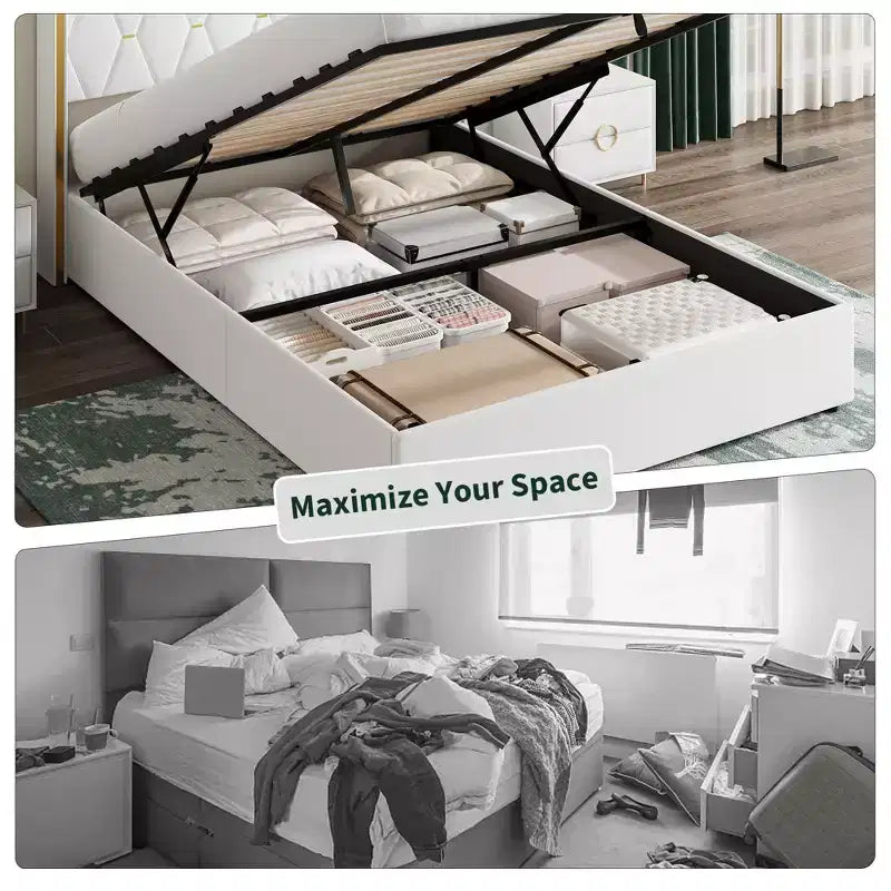 Storage Bed with Wingback Headboard, Modern Upholstered Bed Frame, Strong Wood Slats, No Box Spring Needed, Easy Assembly