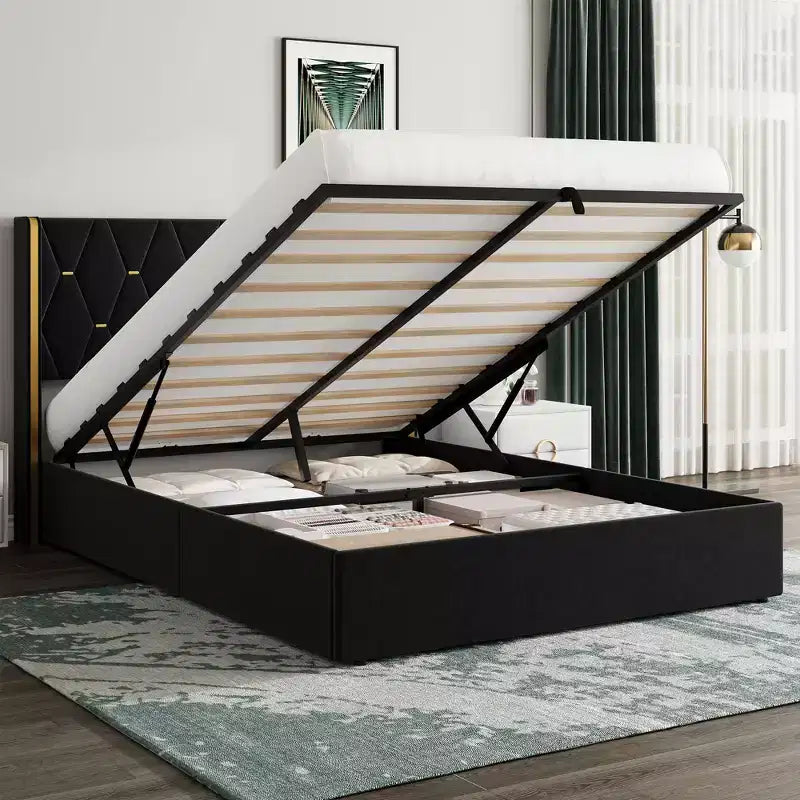 Storage Bed with Wingback Headboard, Modern Upholstered Bed Frame, Strong Wood Slats, No Box Spring Needed, Easy Assembly