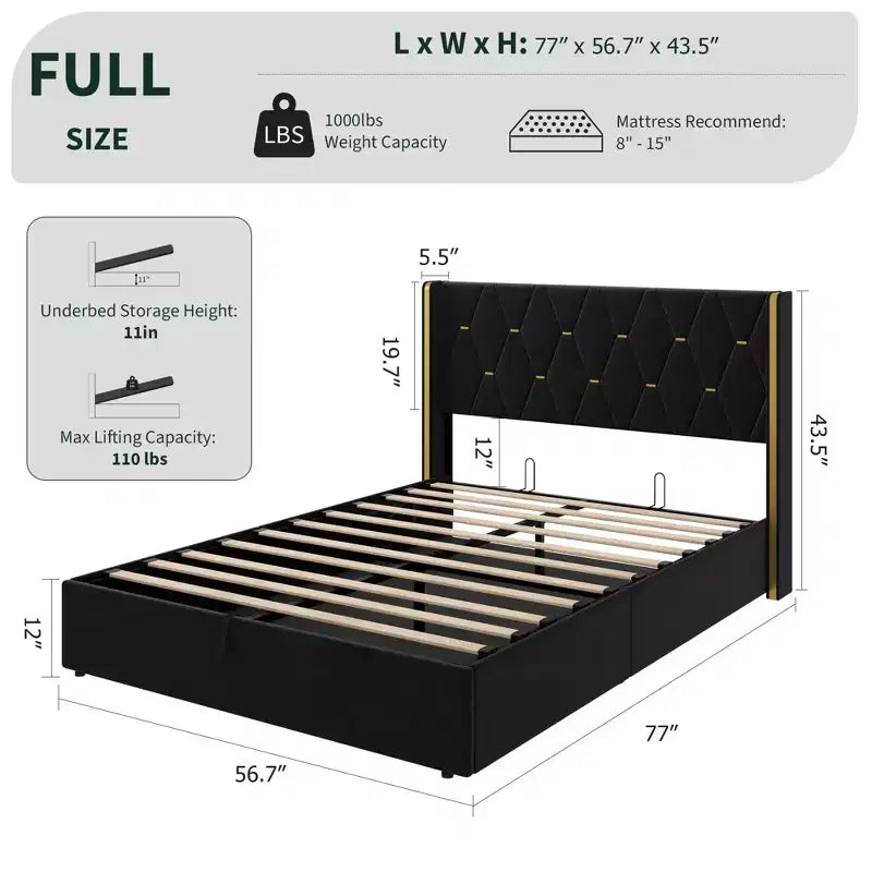Storage Bed with Wingback Headboard, Modern Upholstered Bed Frame, Strong Wood Slats, No Box Spring Needed, Easy Assembly
