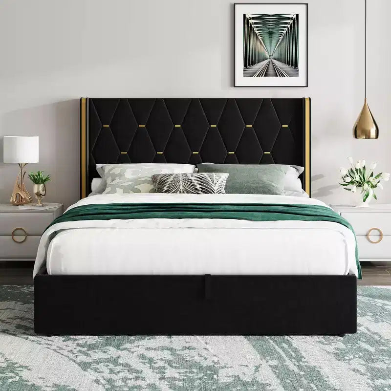 Storage Bed with Wingback Headboard, Modern Upholstered Bed Frame, Strong Wood Slats, No Box Spring Needed, Easy Assembly