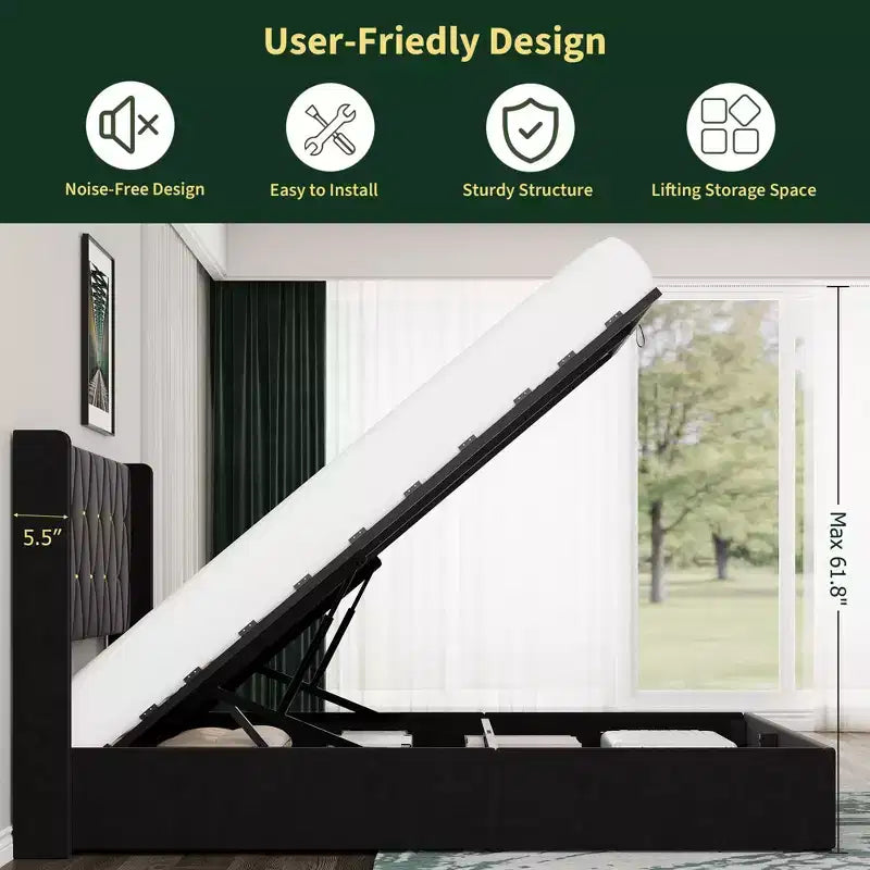 Storage Bed with Wingback Headboard, Modern Upholstered Bed Frame, Strong Wood Slats, No Box Spring Needed, Easy Assembly