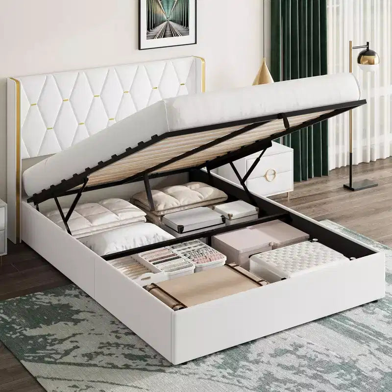 Storage Bed with Wingback Headboard, Modern Upholstered Bed Frame, Strong Wood Slats, No Box Spring Needed, Easy Assembly