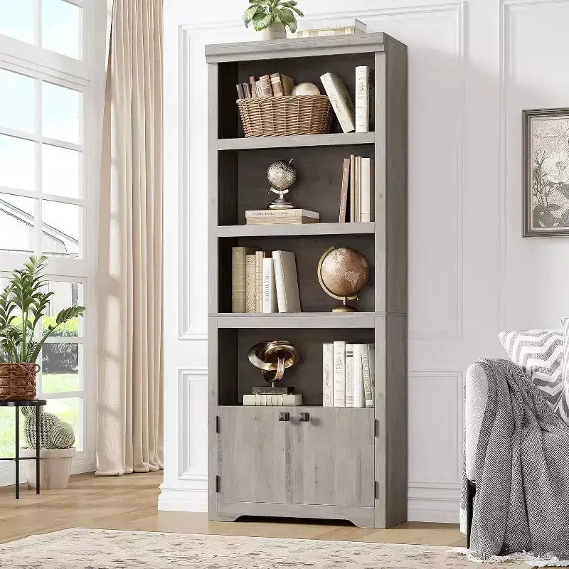 5 Tier Bookshelf, 69'' Tall Farmhouse Bookcase with 2 Doors & Adjustable Shelves - 31.5 W Open Display Storage Rack for Study, Living Room, Black