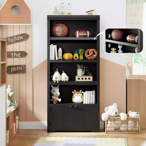 Étagère 5 Niveaux, Bibliothèque de Ferme de 175 cm avec 2 Portes et Étagères Réglables - Meuble de Rangement Ouvert de 80 cm pour Bureau, Salon, Noir