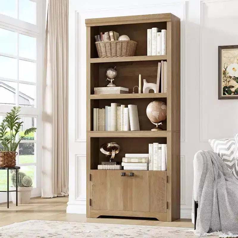 5 Tier Bookshelf, 69'' Tall Farmhouse Bookcase with 2 Doors & Adjustable Shelves - 31.5 W Open Display Storage Rack for Study, Living Room, Black