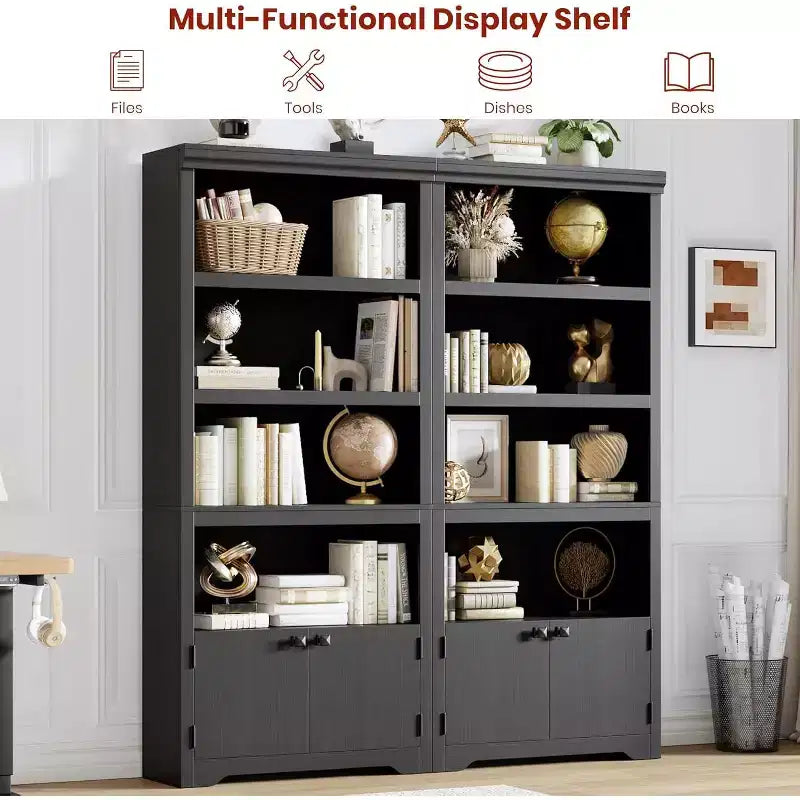 5 Tier Bookshelf, 69'' Tall Farmhouse Bookcase with 2 Doors & Adjustable Shelves - 31.5 W Open Display Storage Rack for Study, Living Room, Black