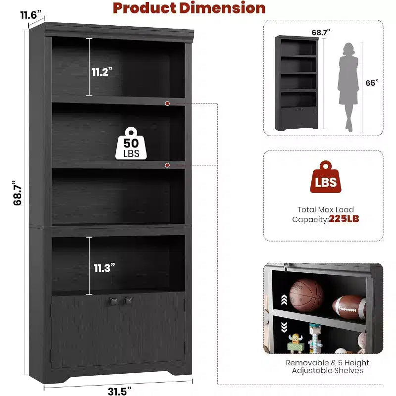 5 Tier Bookshelf, 69'' Tall Farmhouse Bookcase with 2 Doors & Adjustable Shelves - 31.5 W Open Display Storage Rack for Study, Living Room, Black