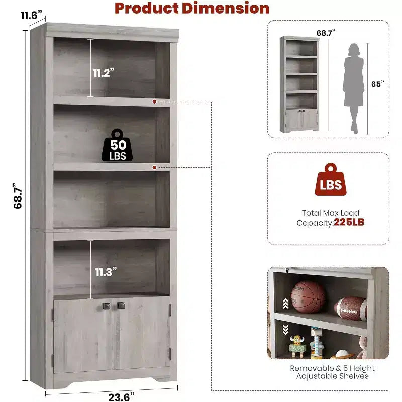 5 Tier Bookshelf, 69'' Tall Farmhouse Bookcase with 2 Doors & Adjustable Shelves - 31.5 W Open Display Storage Rack for Study, Living Room, Black