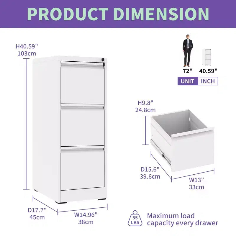 3 Drawer Metal Vertical File Cabinet with Lock Office Home Steel File Cabinet