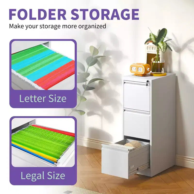 3 Drawer Metal Vertical File Cabinet with Lock Office Home Steel File Cabinet