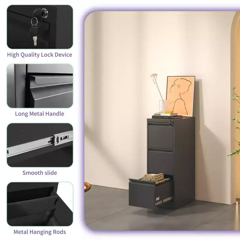 3 Drawer Metal Vertical File Cabinet with Lock Office Home Steel File Cabinet