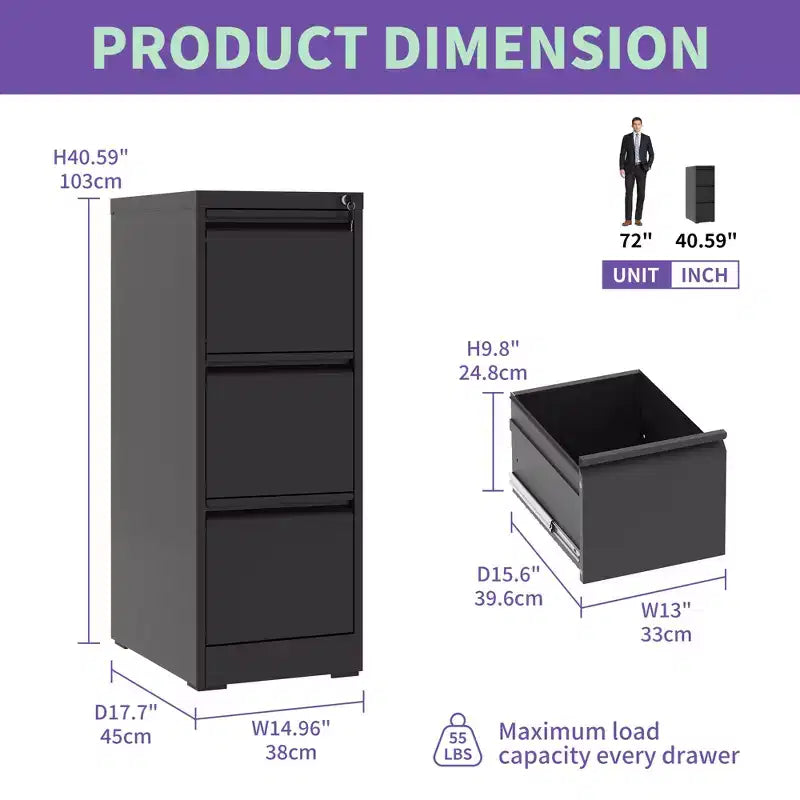3 Drawer Metal Vertical File Cabinet with Lock Office Home Steel File Cabinet