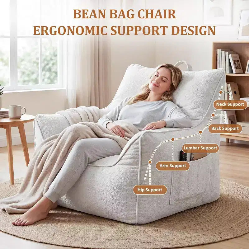 Bean Bag Chair with Back Support, Soft Chenille Lazy Sofa, Shredded Foam Single Lounge for Adults & Kids, for Living Room Bedroom