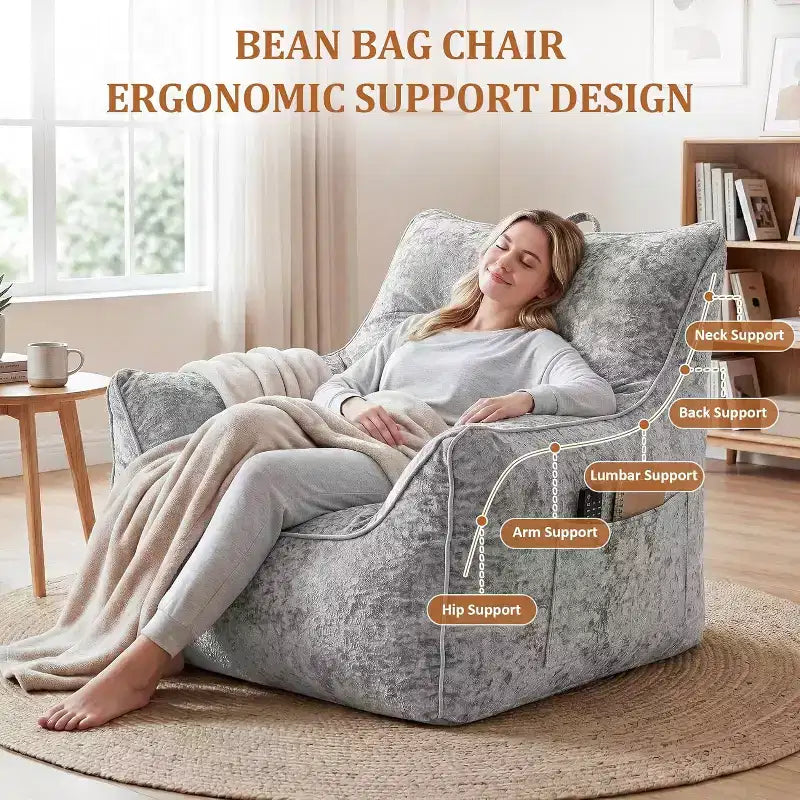 Bean Bag Chair with Back Support, Soft Chenille Lazy Sofa, Shredded Foam Single Lounge for Adults & Kids, for Living Room Bedroom