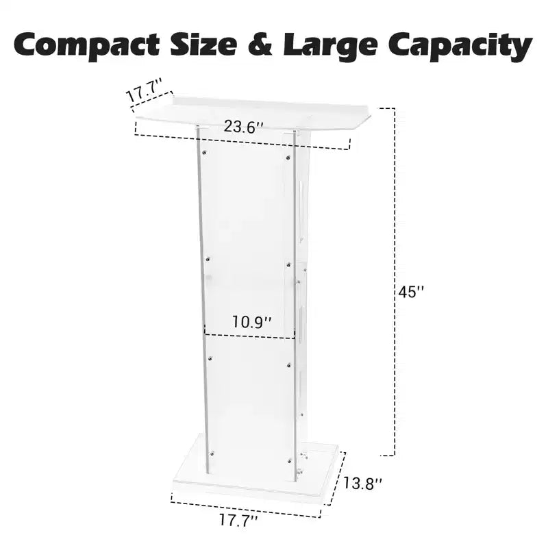 Modern Acrylic Podium Stand  Floor Lectern with Wide Reading Surface & Storage Shelf, Portable for Church, School, Conference  White
