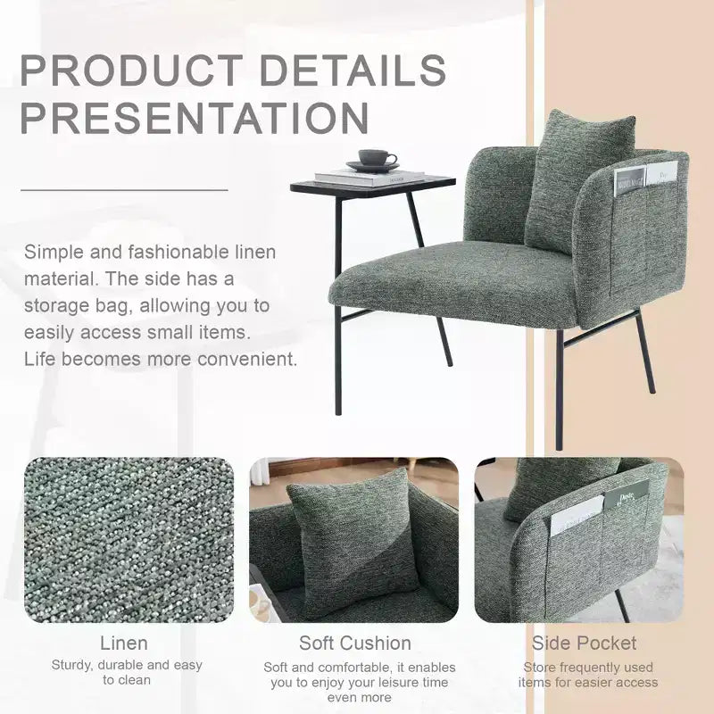 GDFStudio CozyDock Chenille Upholstered Single Sofa with Side Table