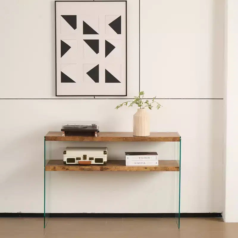 GDFStudio Gibson Modern Wood and Tempered Glass Console Table with Open Shelf