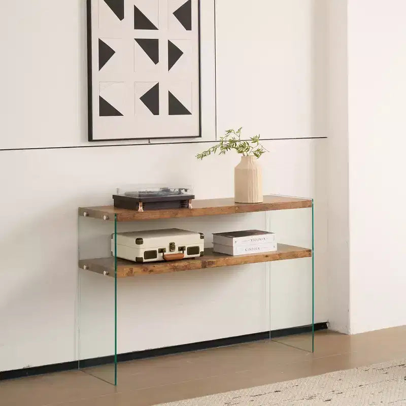GDFStudio Gibson Modern Wood and Tempered Glass Console Table with Open Shelf