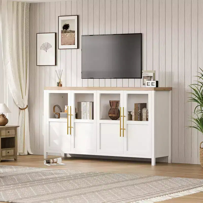 Modern Farmhouse 55 Sideboard Cabinet with 4 Glass Doors, Natural Wood Buffet Storage with Display Shelf for Kitchen, Dining and Living Room