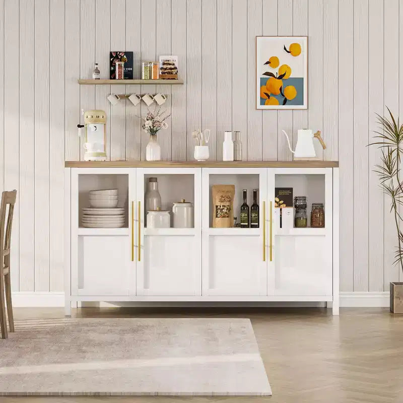 Modern Farmhouse 55 Sideboard Cabinet with 4 Glass Doors, Natural Wood Buffet Storage with Display Shelf for Kitchen, Dining and Living Room