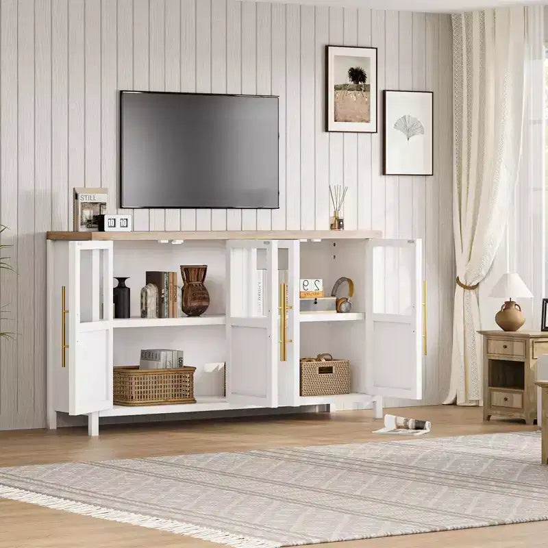 Modern Farmhouse 55 Sideboard Cabinet with 4 Glass Doors, Natural Wood Buffet Storage with Display Shelf for Kitchen, Dining and Living Room