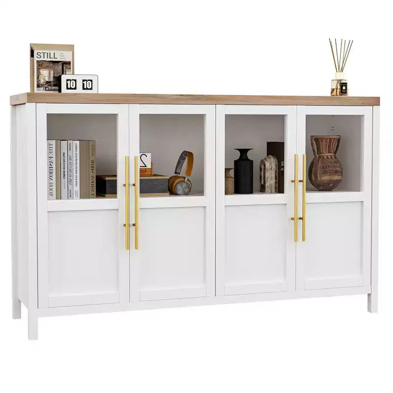 Modern Farmhouse 55 Sideboard Cabinet with 4 Glass Doors, Natural Wood Buffet Storage with Display Shelf for Kitchen, Dining and Living Room