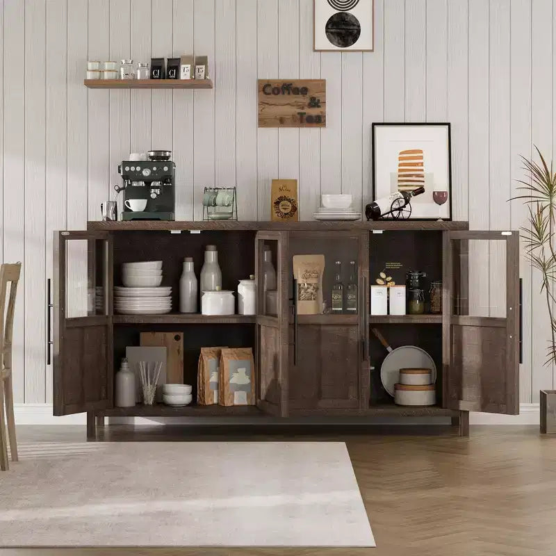 Modern Farmhouse 55 Sideboard Cabinet with 4 Glass Doors, Natural Wood Buffet Storage with Display Shelf for Kitchen, Dining and Living Room