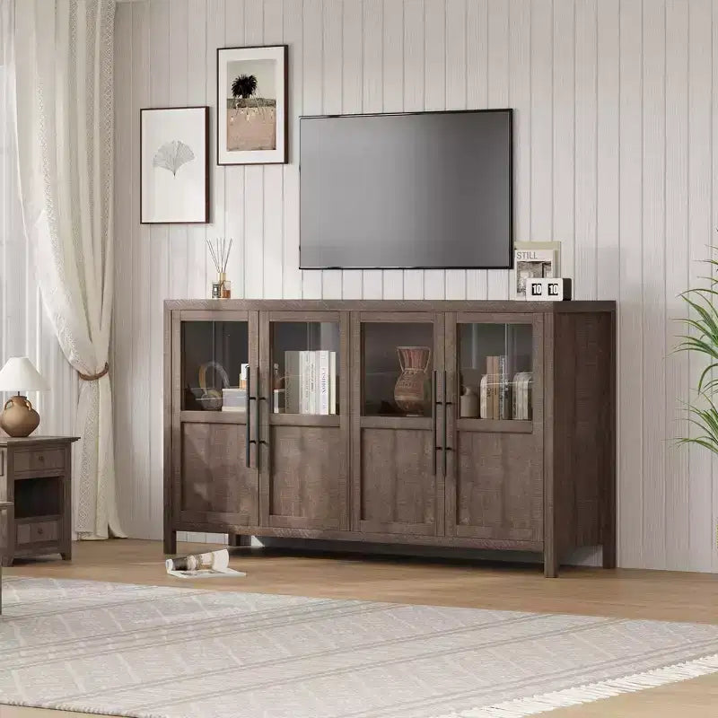 Modern Farmhouse 55 Sideboard Cabinet with 4 Glass Doors, Natural Wood Buffet Storage with Display Shelf for Kitchen, Dining and Living Room