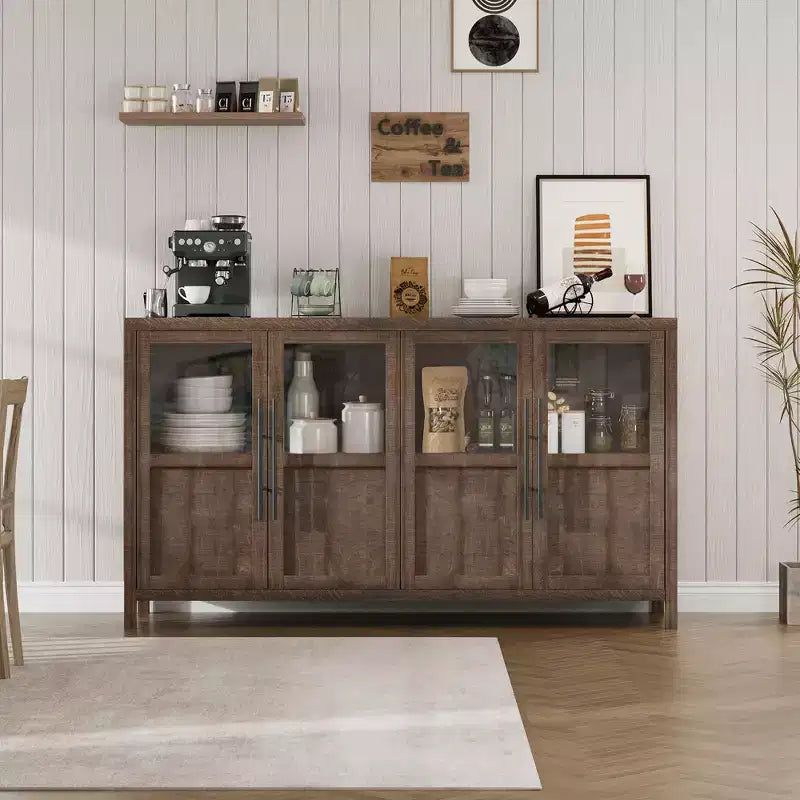 Modern Farmhouse 55 Sideboard Cabinet with 4 Glass Doors, Natural Wood Buffet Storage with Display Shelf for Kitchen, Dining and Living Room
