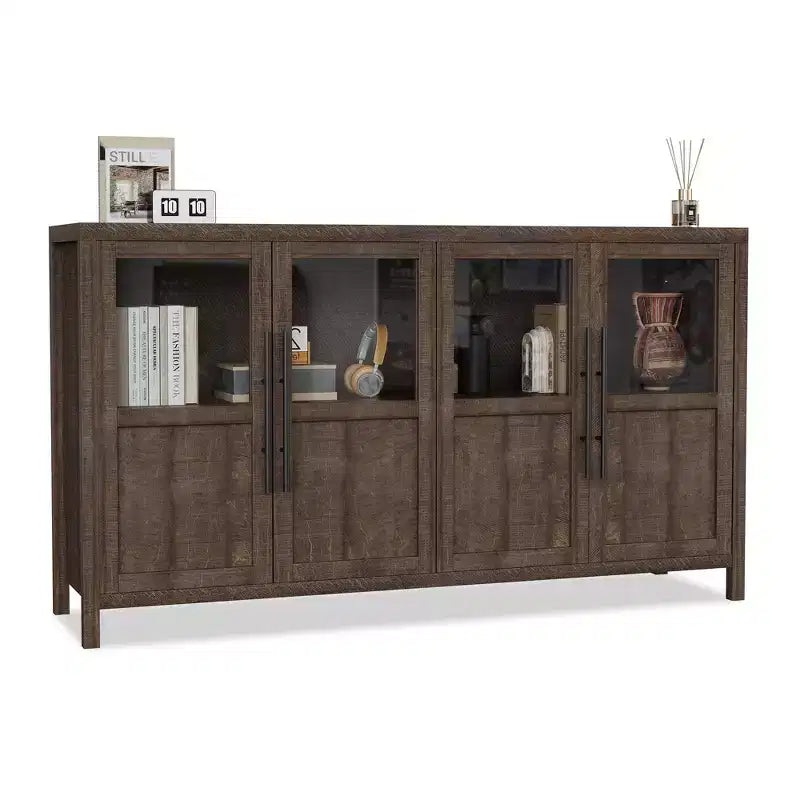 Modern Farmhouse 55 Sideboard Cabinet with 4 Glass Doors, Natural Wood Buffet Storage with Display Shelf for Kitchen, Dining and Living Room