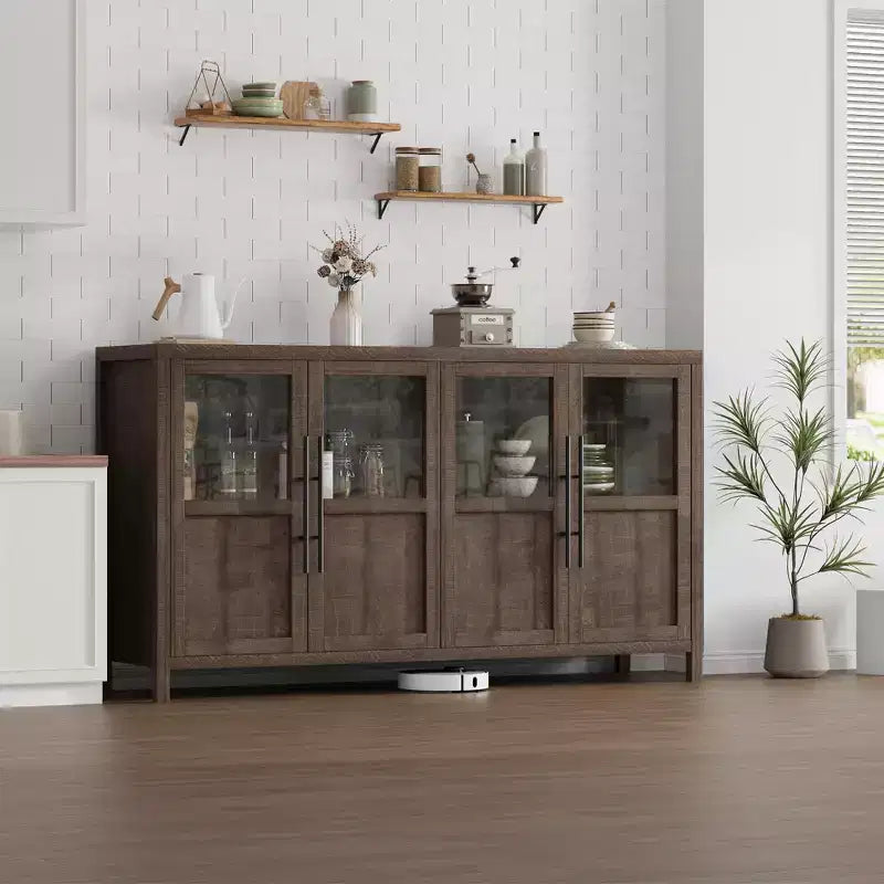 Modern Farmhouse 55 Sideboard Cabinet with 4 Glass Doors, Natural Wood Buffet Storage with Display Shelf for Kitchen, Dining and Living Room
