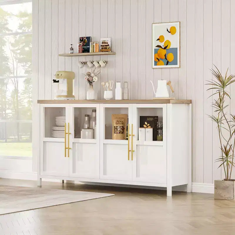 Buffet de salle à manger/salon de style Ferme Moderne 55 po avec 4 portes vitrées, meuble de rangement en bois naturel avec étagère de présentation pour cuisine, salle à manger et salon