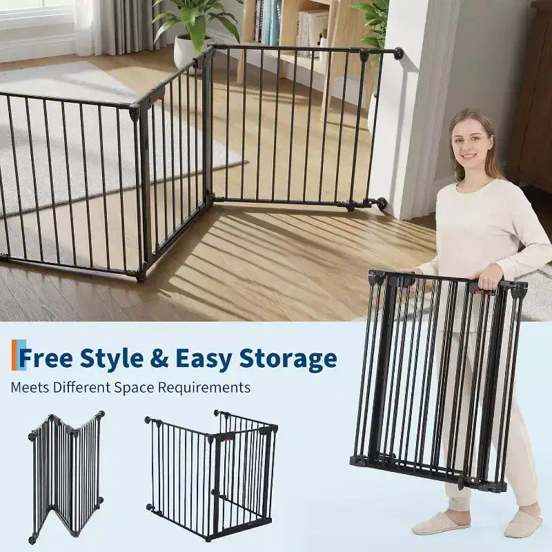 LinTimes Adjustable Pet Gate with Locking Door - Expandable to 201.6 Inches, 3-8 Panel Metal Dog Barrier, Freestanding Home Safety Fence,