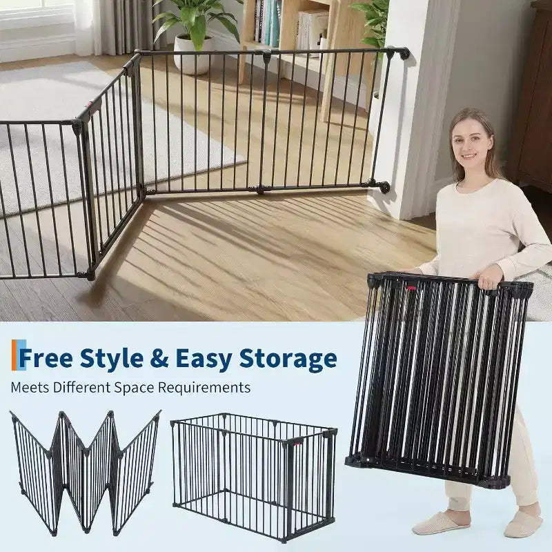 LinTimes Adjustable Pet Gate with Locking Door - Expandable to 201.6 Inches, 3-8 Panel Metal Dog Barrier, Freestanding Home Safety Fence,
